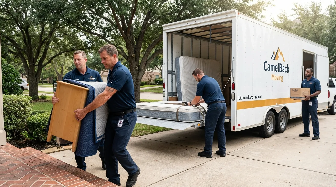 Crew loading residential truck for cross-state move from Royse City, TX