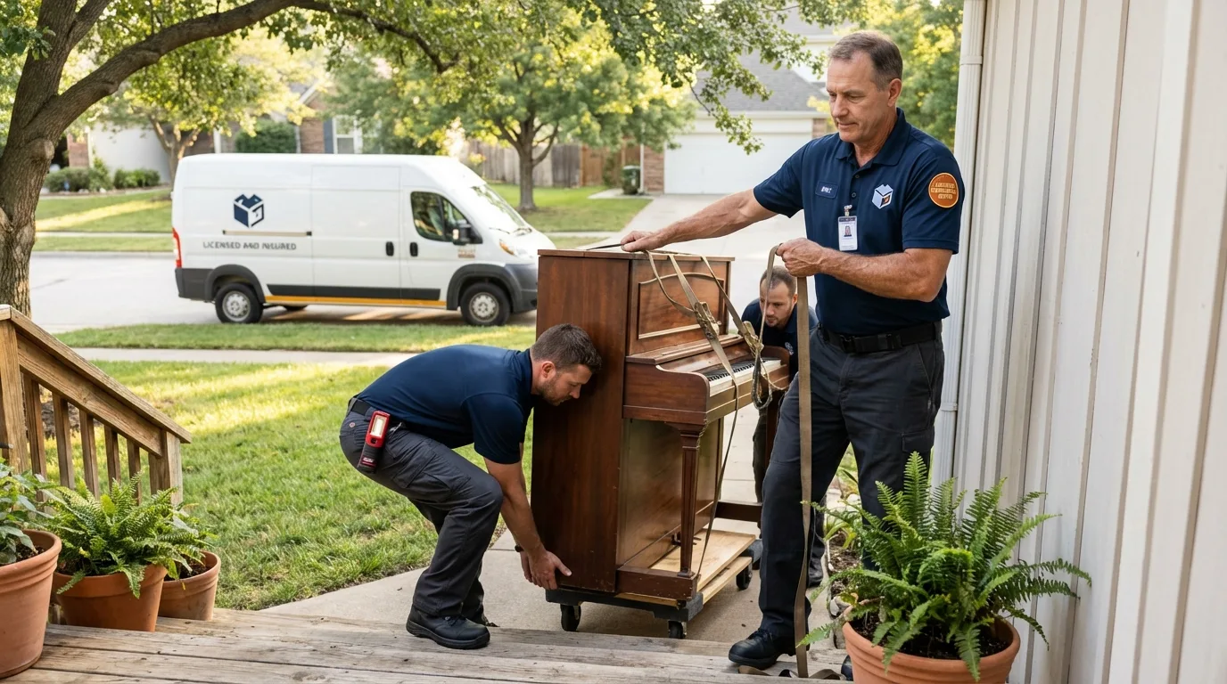 Licensed piano movers securing grand piano in Royse City, TX