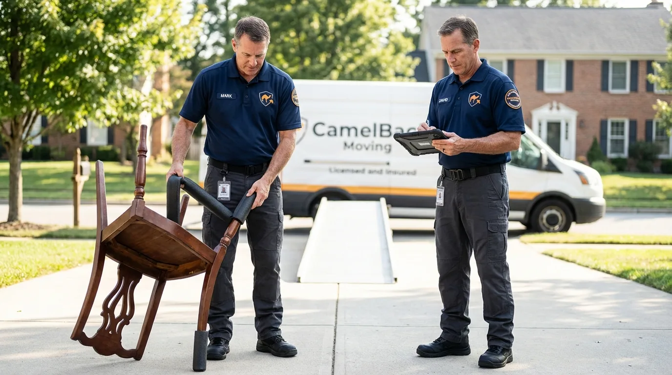 Movers inspecting furniture for damage prevention before loading in Royse City, TX