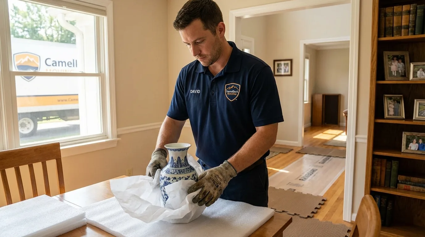 Professional crew carefully wrapping antique vase for senior downsizing move in Royse City, TX